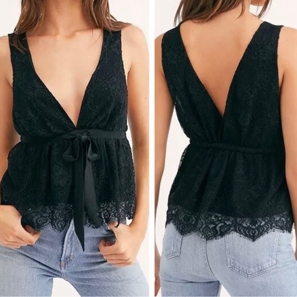 Free People Tops - Free People lace v-neck loose fit black blouse women’s Size Small